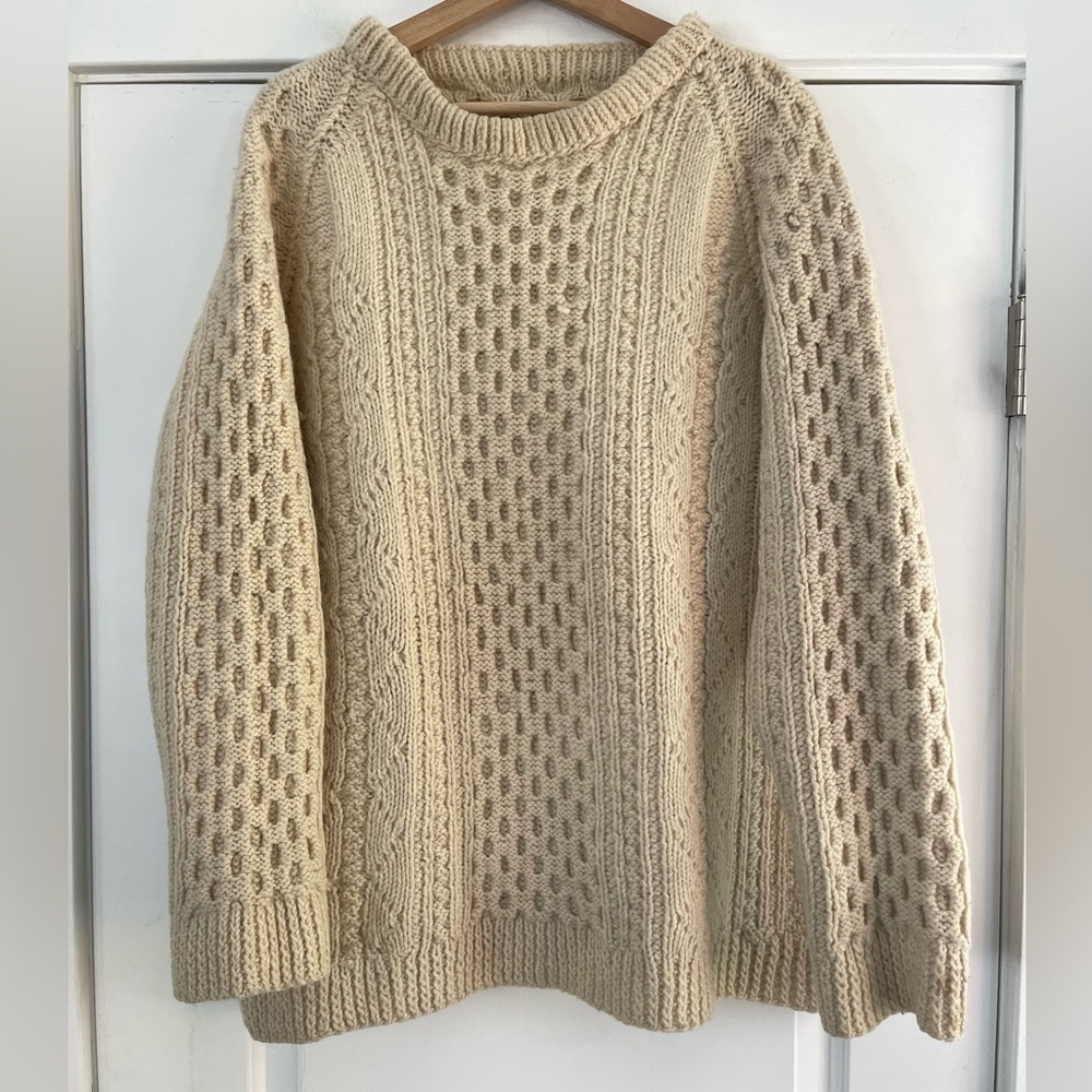 Vintage Handmade Cream Cable Knit Wool Fisherman Sweater - L